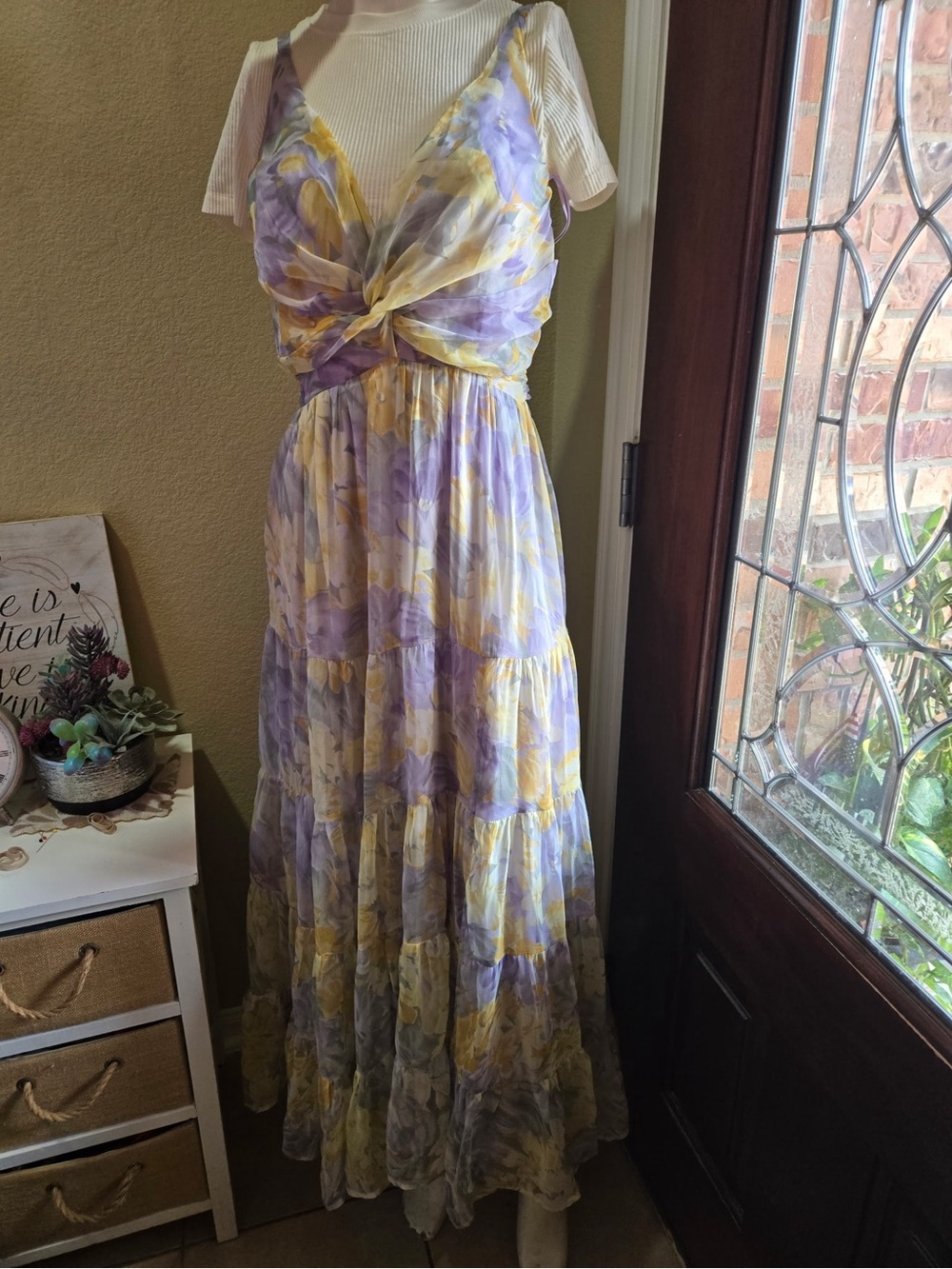 Floral Twist-Front Maxi Dress in Lavender and Yellow